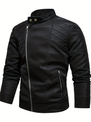 Men's PU Leather Fleece Winter Jacket with Diagonal Zipper