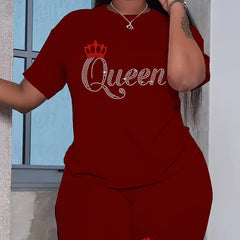 Queen Letter Print 2 Piece Set Crew Neck T shirt & Yoga Shorts