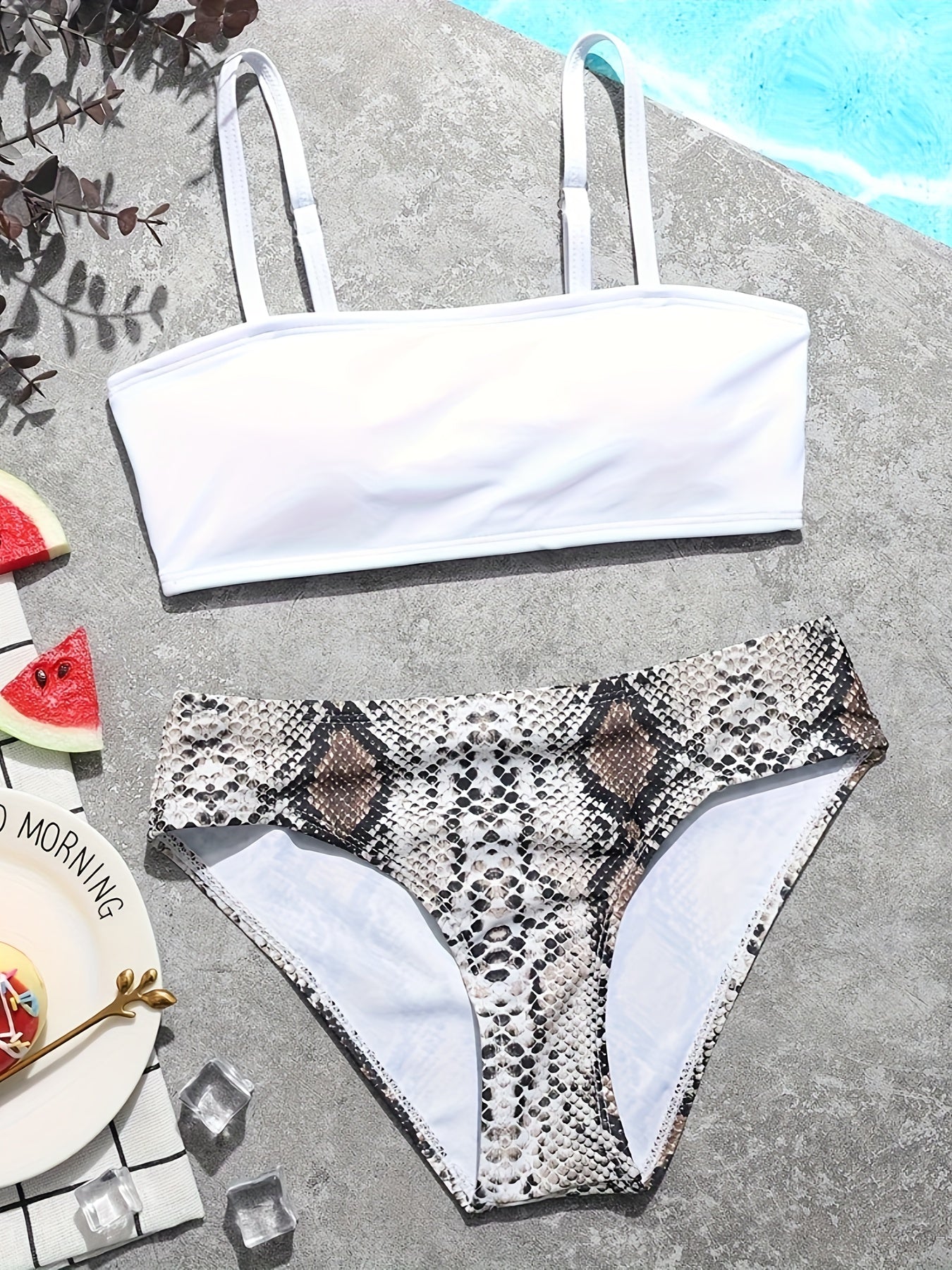Girls Bikini Swimsuit Set Solid Top Snake Skin Graphic Briefs For Summer