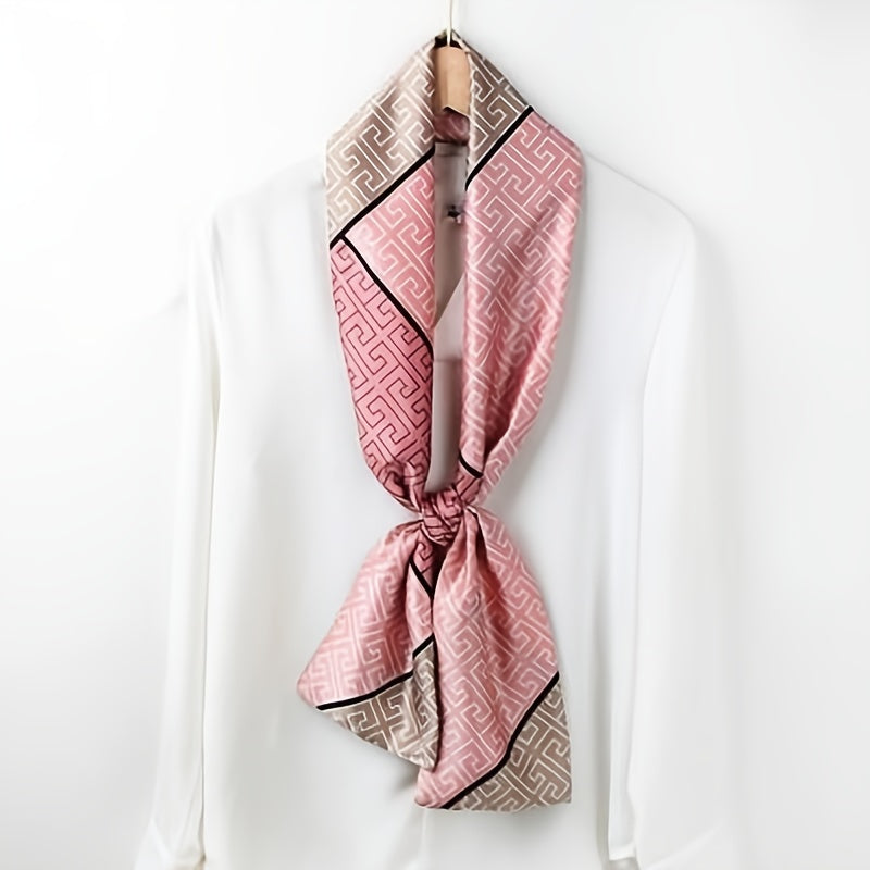 Pink Geometric Print Satin Ribbon Long Small Silk Scarf
