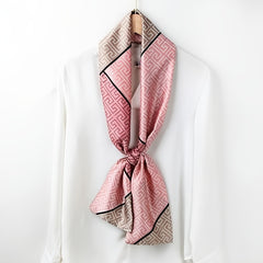 Pink Geometric Print Satin Ribbon Long Small Silk Scarf