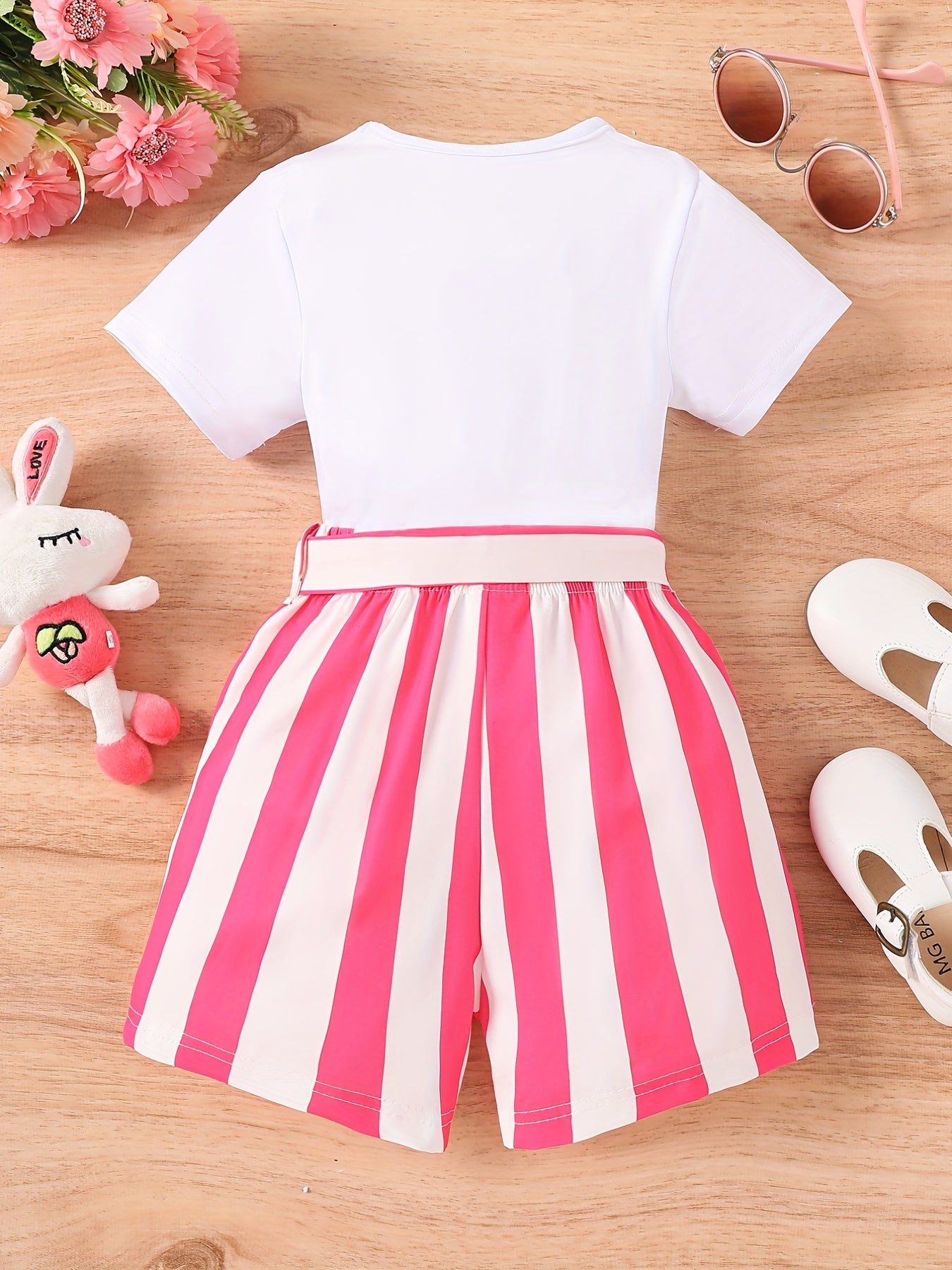 Girls Rabbit Graphic T Shirt & Striped Shorts Set for Summer