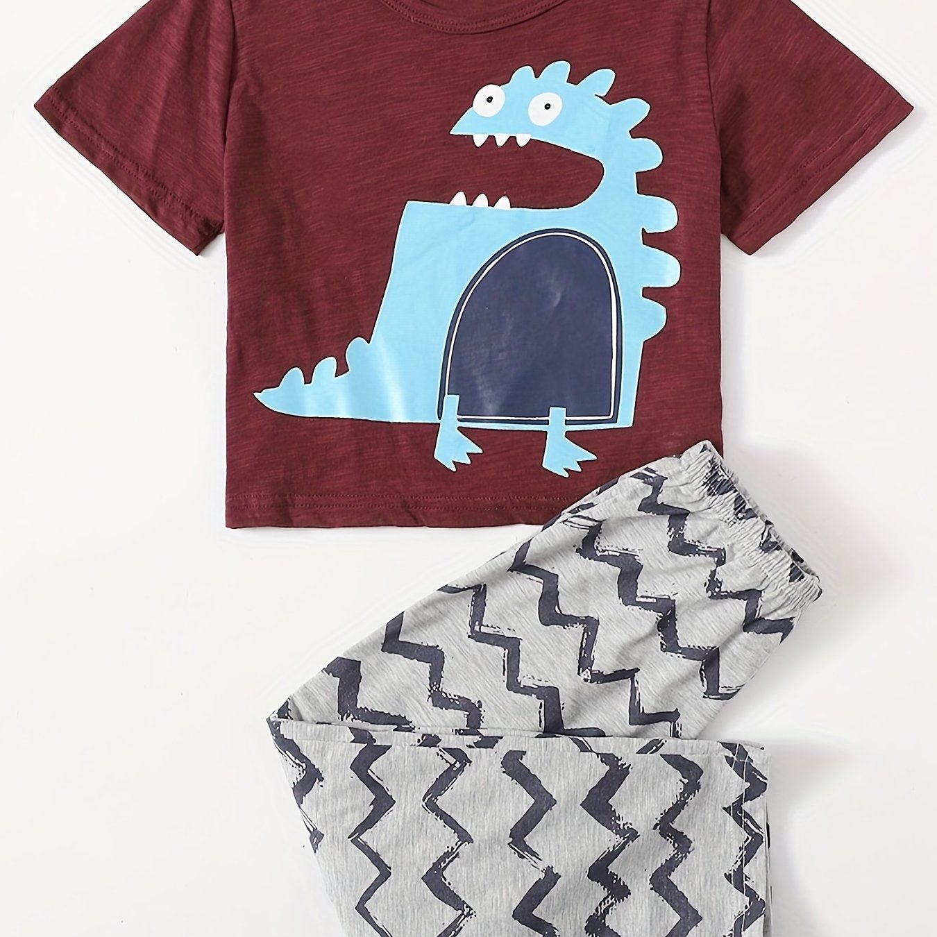 Boys' Dino Print 2pcs Cotton T-shirt & Wave Pants Set Summer Outfit