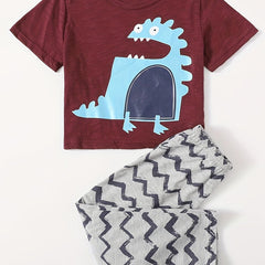 Boys' Dino Print 2pcs Cotton T-shirt & Wave Pants Set Summer Outfit