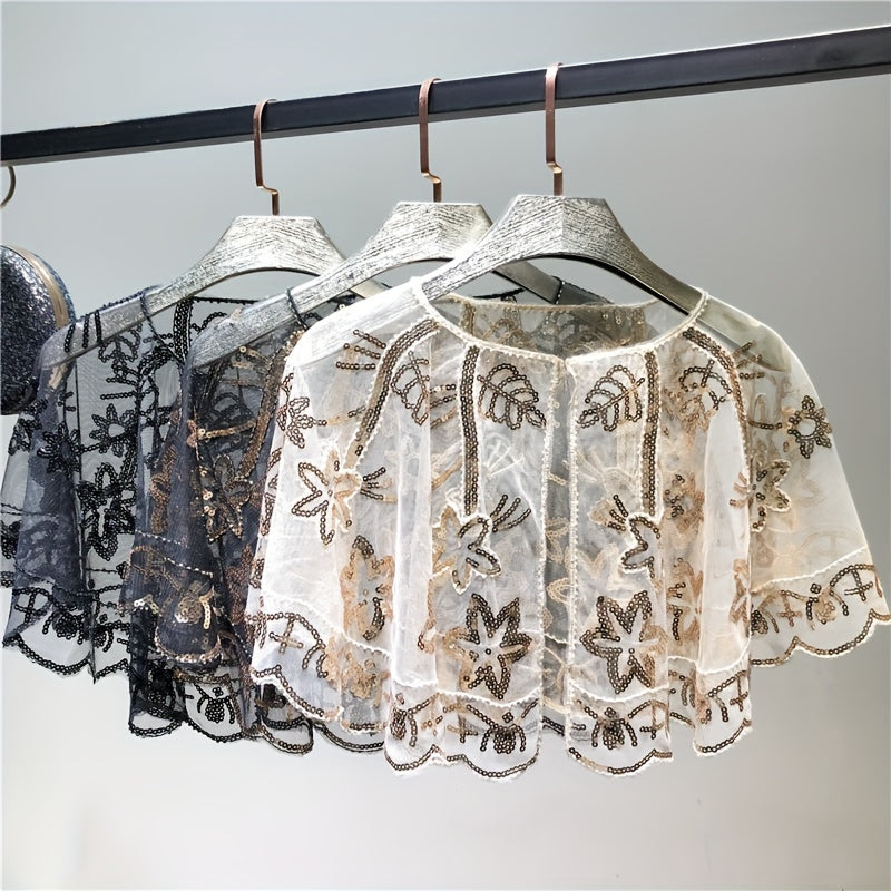 Vintage Sequin Embroidery Shawl Ruffles Cape