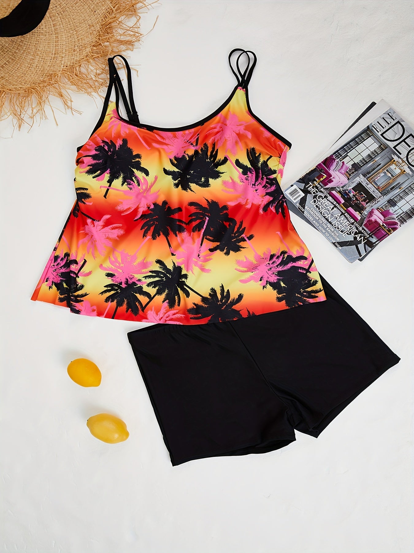 Coconut Tree Print Tank Top & Solid Shorts Swimsuit Set