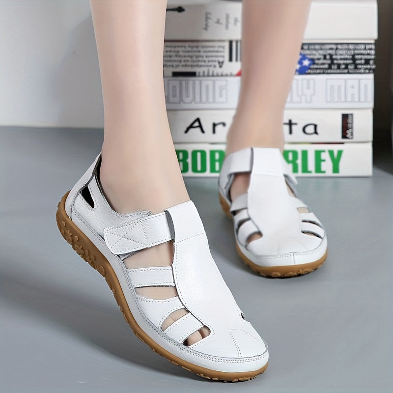Women's Retro Flat Sandals Closed Toe Solid Hook & Loop Non Slip Shoes