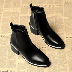 Women's Square Toe Low Heel Ankle Boots Side Zipper Block Heel Shoes