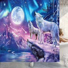 Moon Wolf Shower Curtain Set with 12 Hooks and Toilet Covers