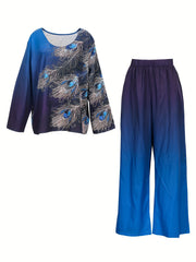 Ombre & Feather Print Tee & Pants Set