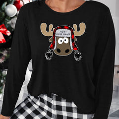 Christmas Lounge Top Women's Plus Funny Elk Print Long Sleeve