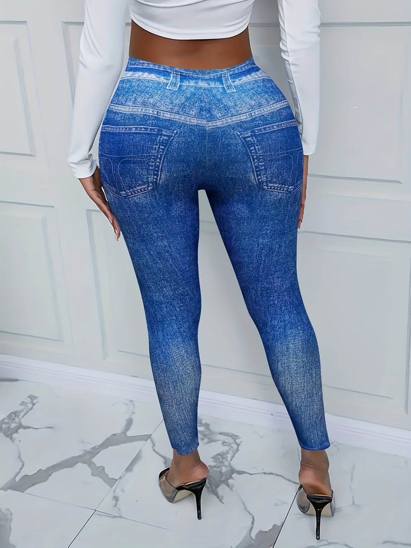 Floral & Denim Print Skinny Leggings Long Length Casual Pants Women's Clothing