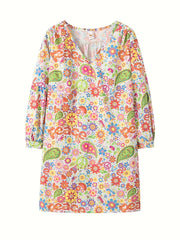 Retro Floral V-Neck Long Sleeve Dress for Women