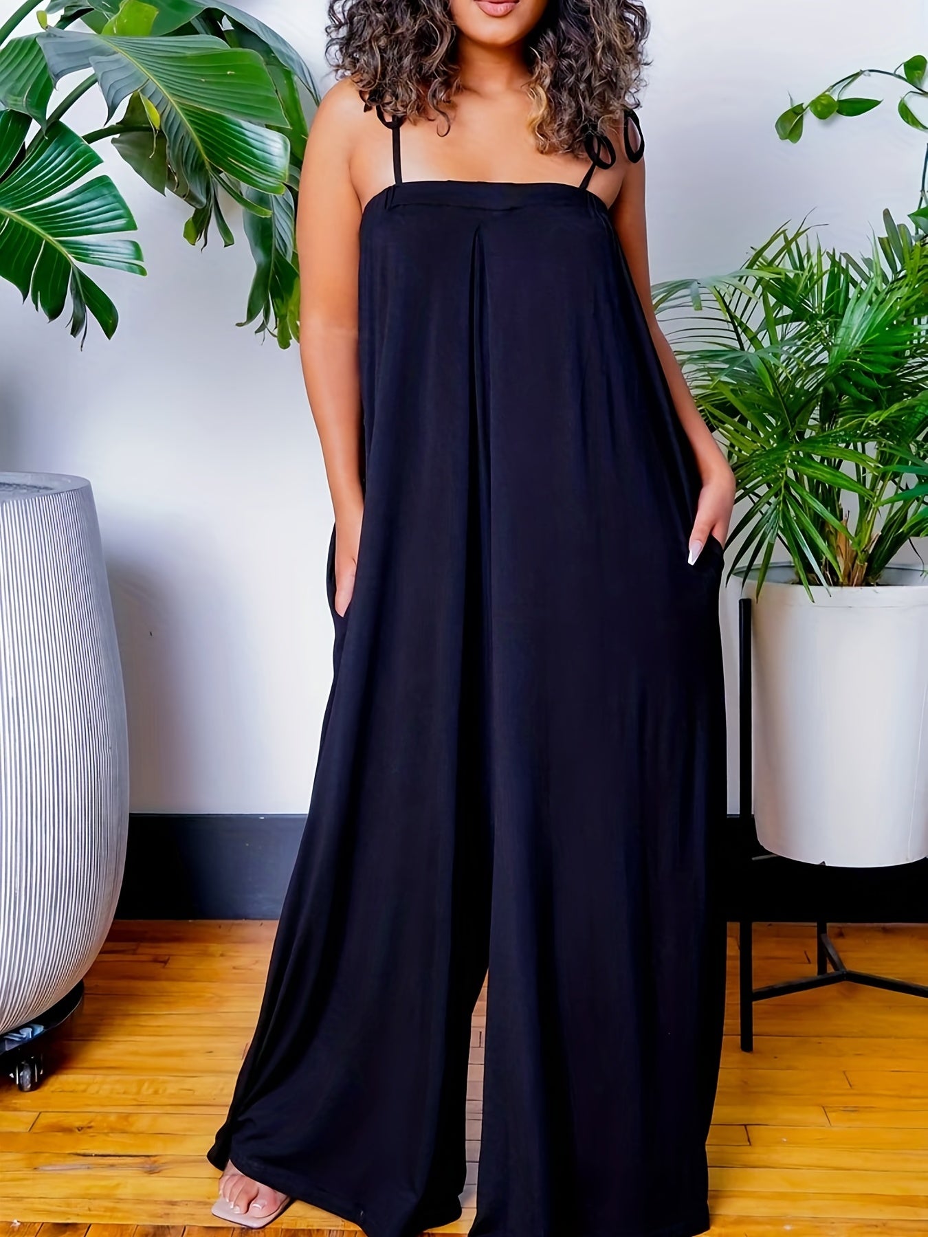 Solid Tie Shoulder Wide Leg Jumpsuit