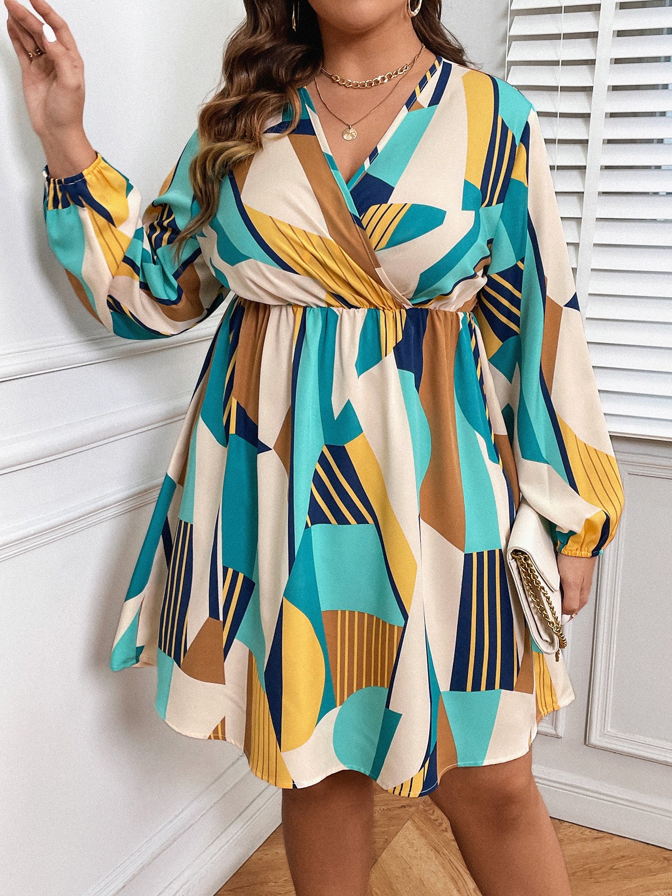 Colorblock Geometric Print Surplice Neck Mini Dress