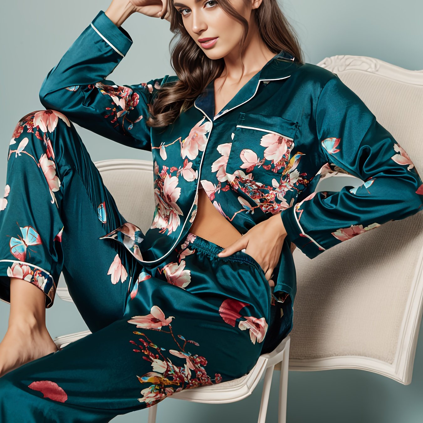 Floral Satin Pajama Set Long Sleeve Top & Pants