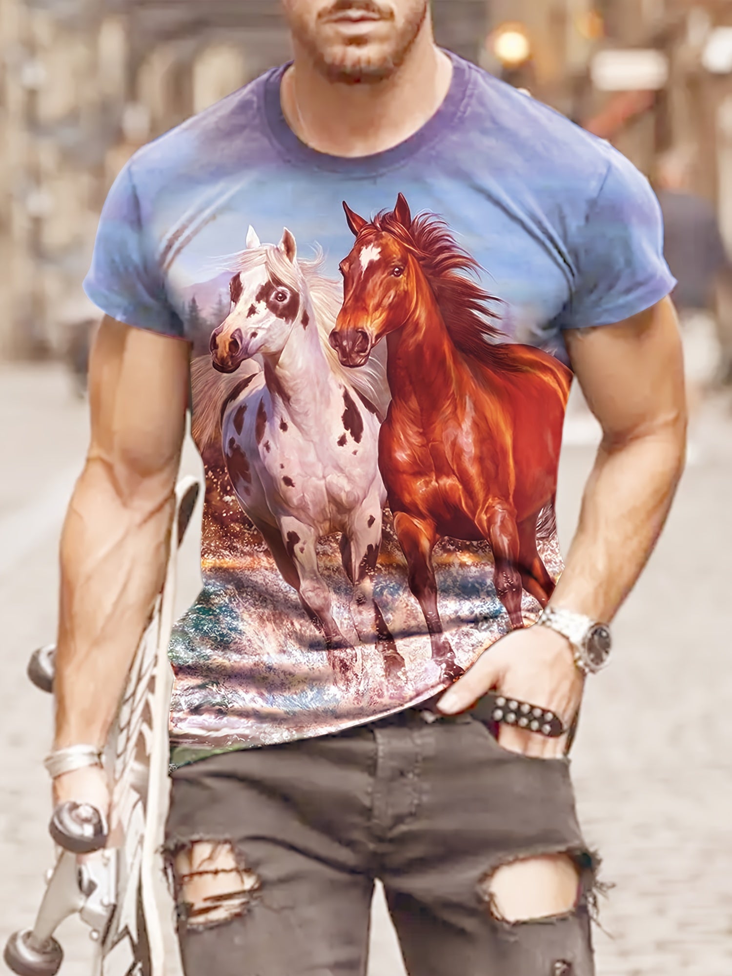 Horse Pattern Men's Short Sleeve T shirt Graphic Tee Summer Clothes