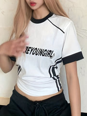 Street Letter Print Casual T shirt Striped Short Sleeve Women's Top