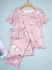 Rainbow & Moon Print Pajama Set Short Sleeve Top & Pants