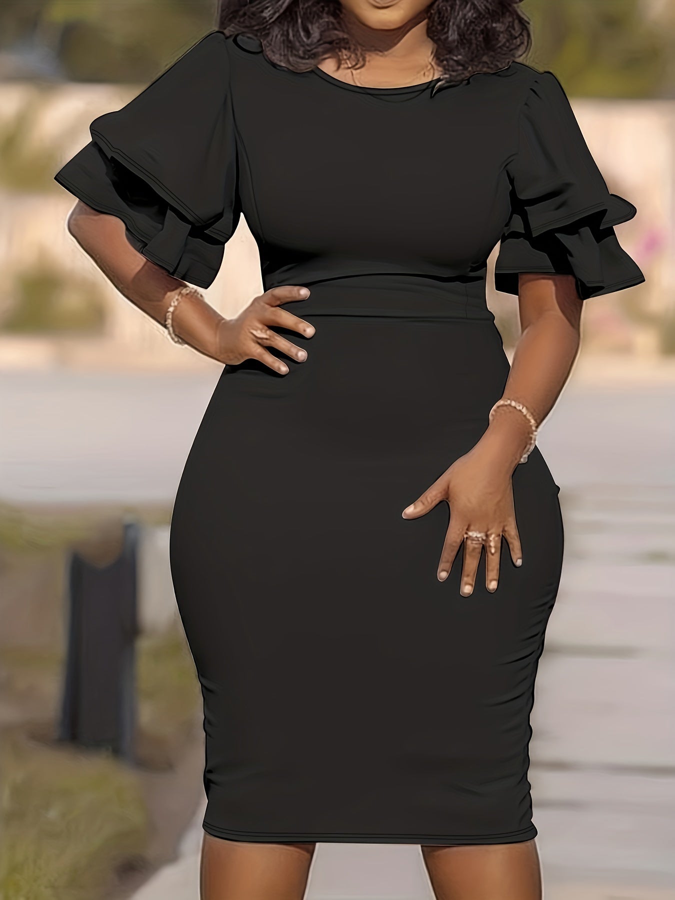 Ruffle Trim Round Neck Bodycon Dress