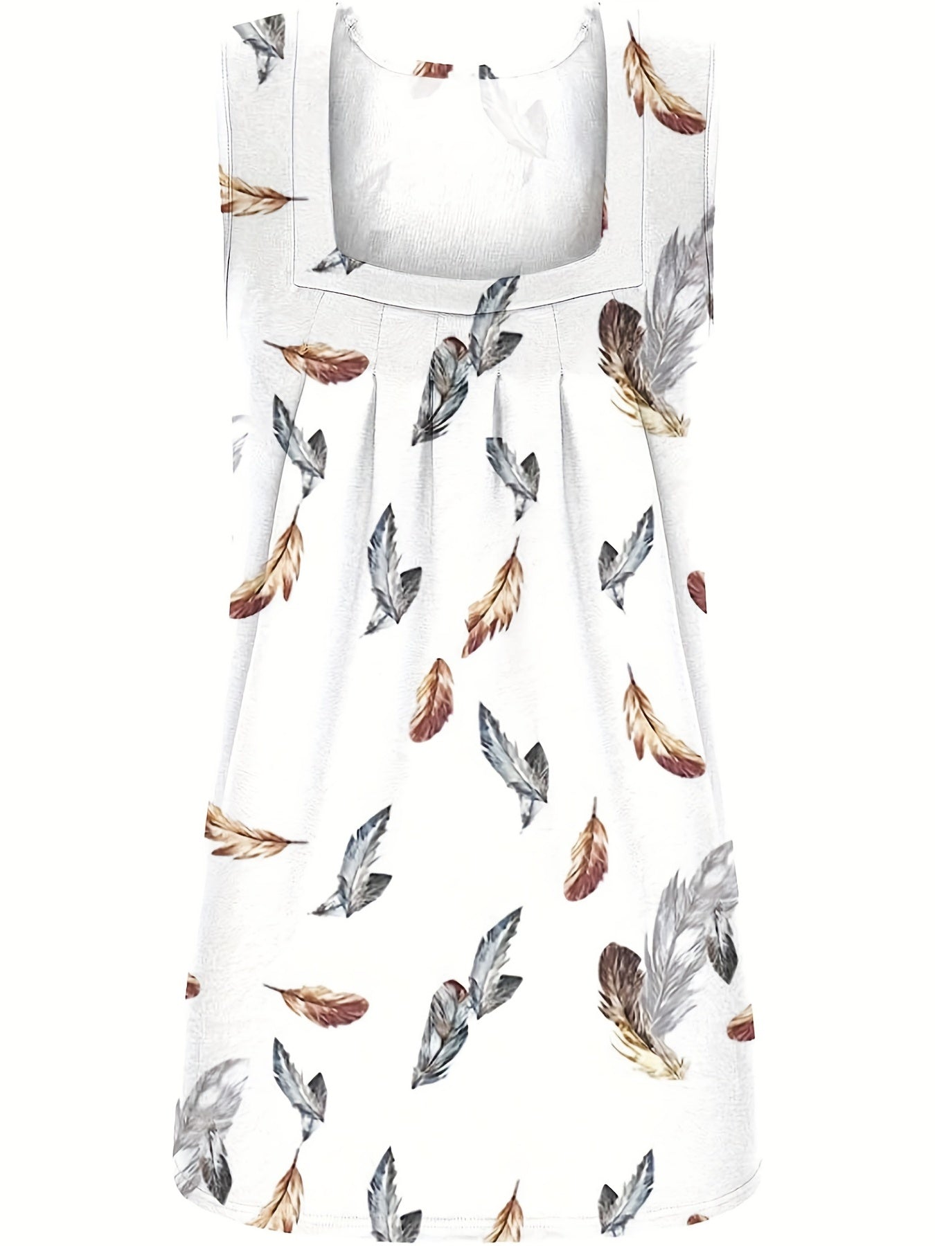 Feather Print Ruched Square Neck Tank Top Summer Women's Clothing
