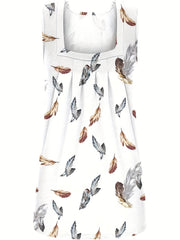 Feather Print Ruched Square Neck Tank Top Summer Women's Clothing