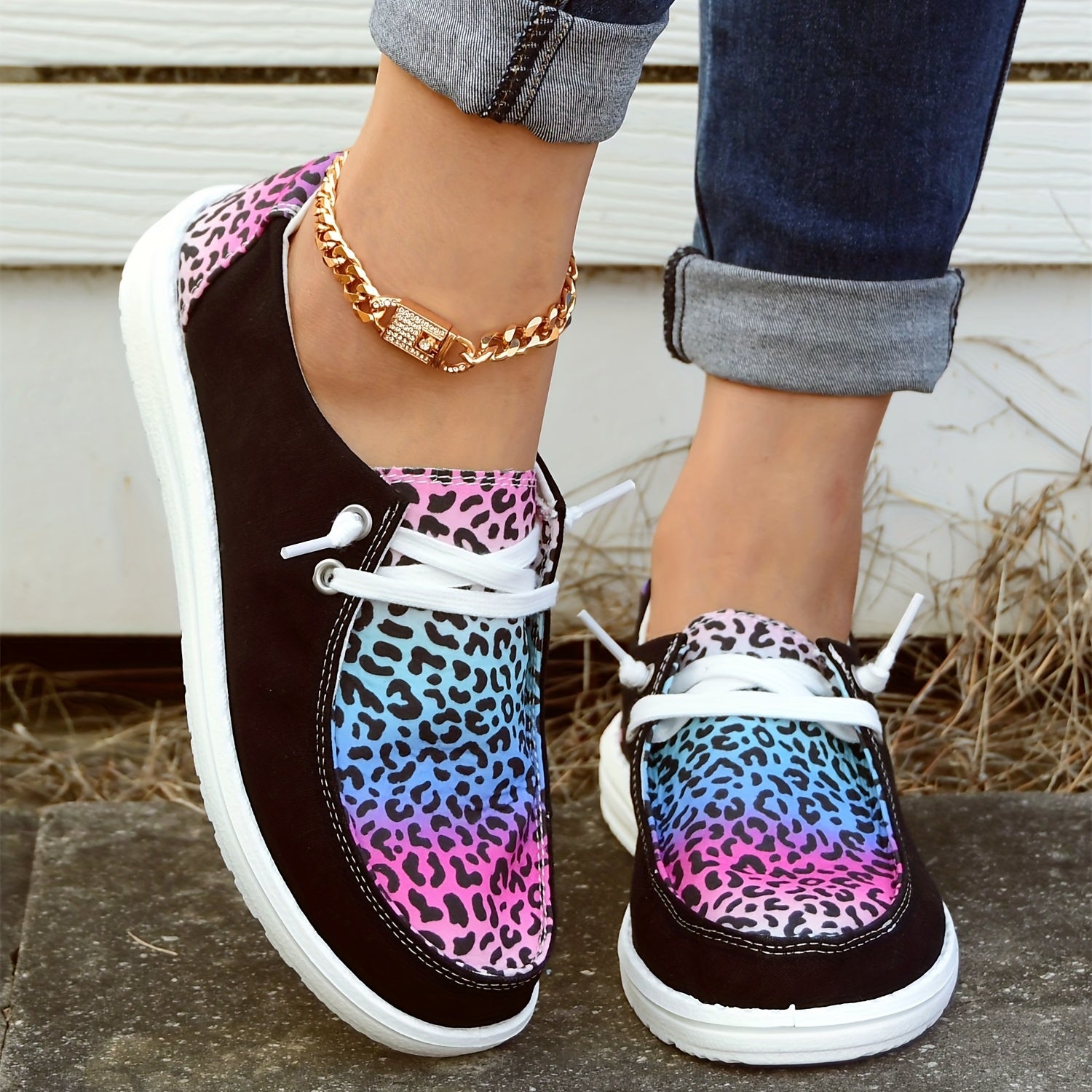 Leopard Print Boat Shoes Lace Up Casual Canvas Sneakers Lightweight