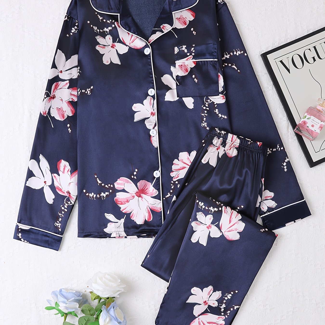 Floral Print Pajama Set Long Sleeve Lapel Buttons Top & Elastic Waistband Pants
