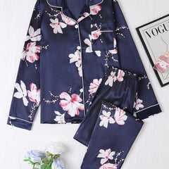 Floral Print Pajama Set Long Sleeve Lapel Buttons Top & Elastic Waistband Pants