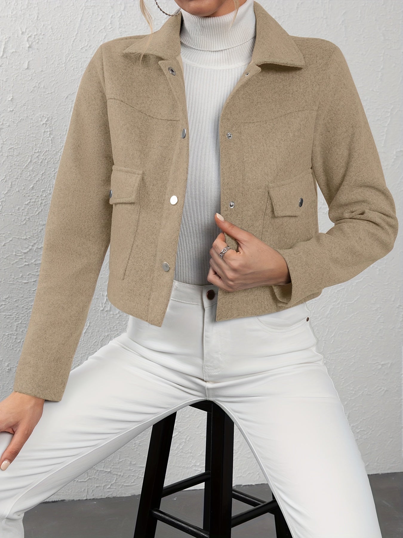 Button Front Lapel Neck Jacket Casual Long Sleeve Outerwear for Women