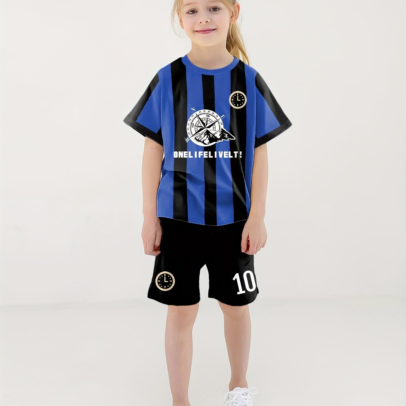 Girls Striped Letter & Number Print 2pcs Jersey Tee & Shorts Set