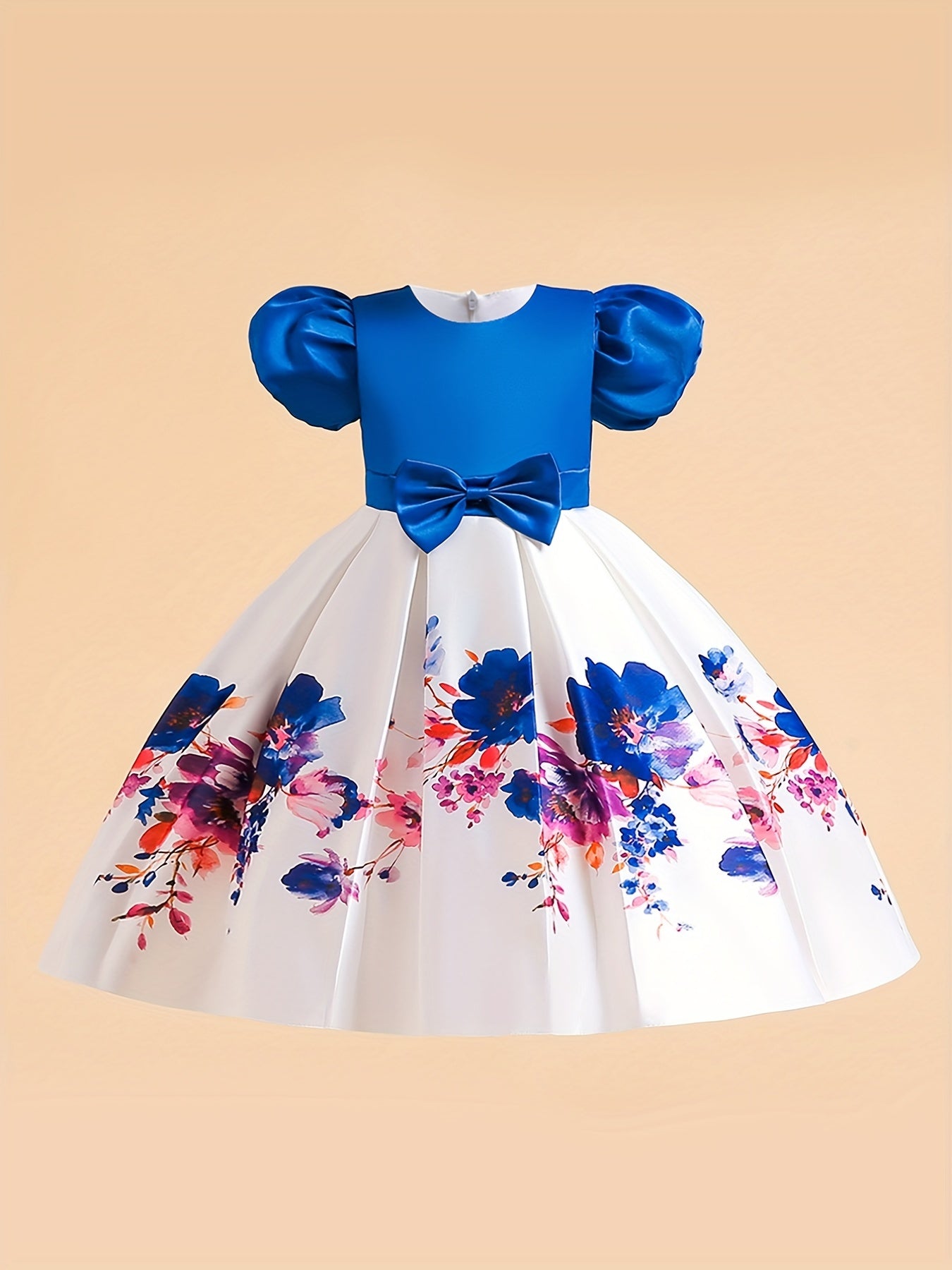 Boho Flowers Formal Dress With Bow And Puff Sleeve For Little Girls