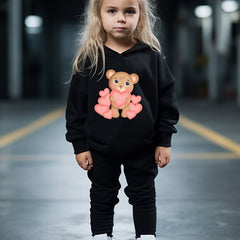 Heart Bear Print Hooded Pullover Pants Set for Kids