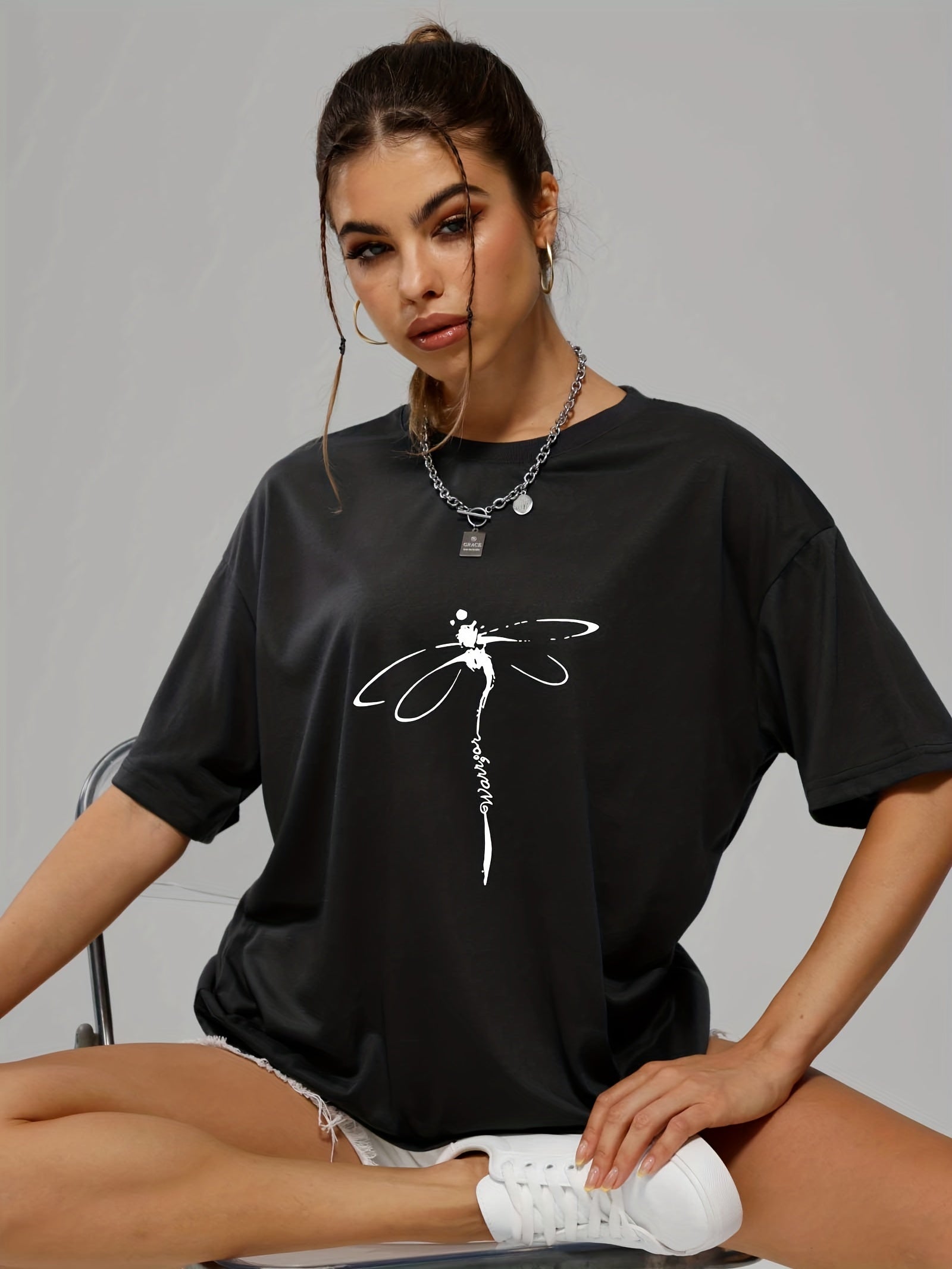 Dragonfly Graphic Casual Loose Sports Top Women's Summer Tops