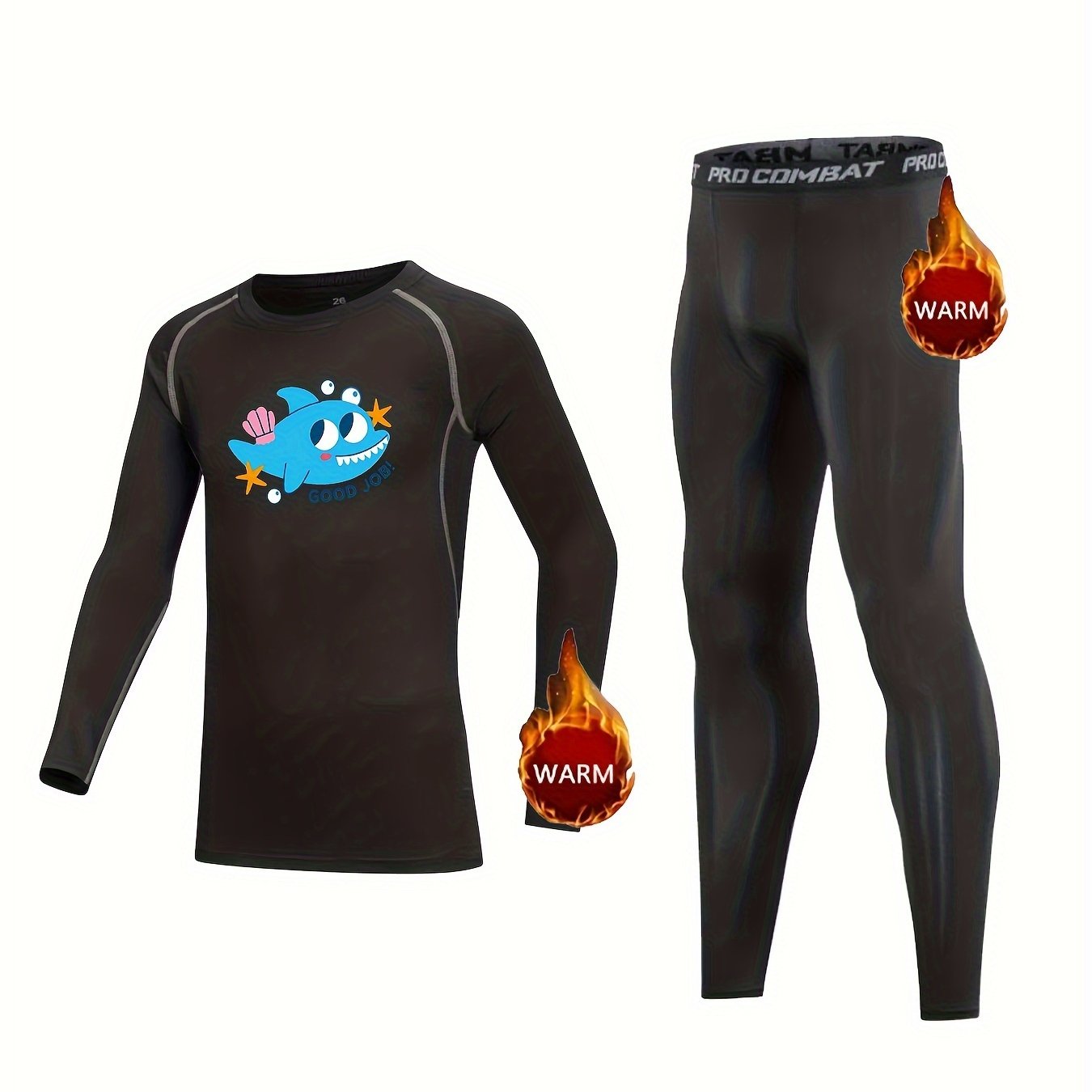 Kids Compression Fleece Sets Cartoon Pattern Crew Neck Pullover Elastic Waist
