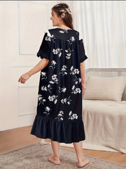Nightdress Women's Plus Floral Print Lace Trim Short Sleeve