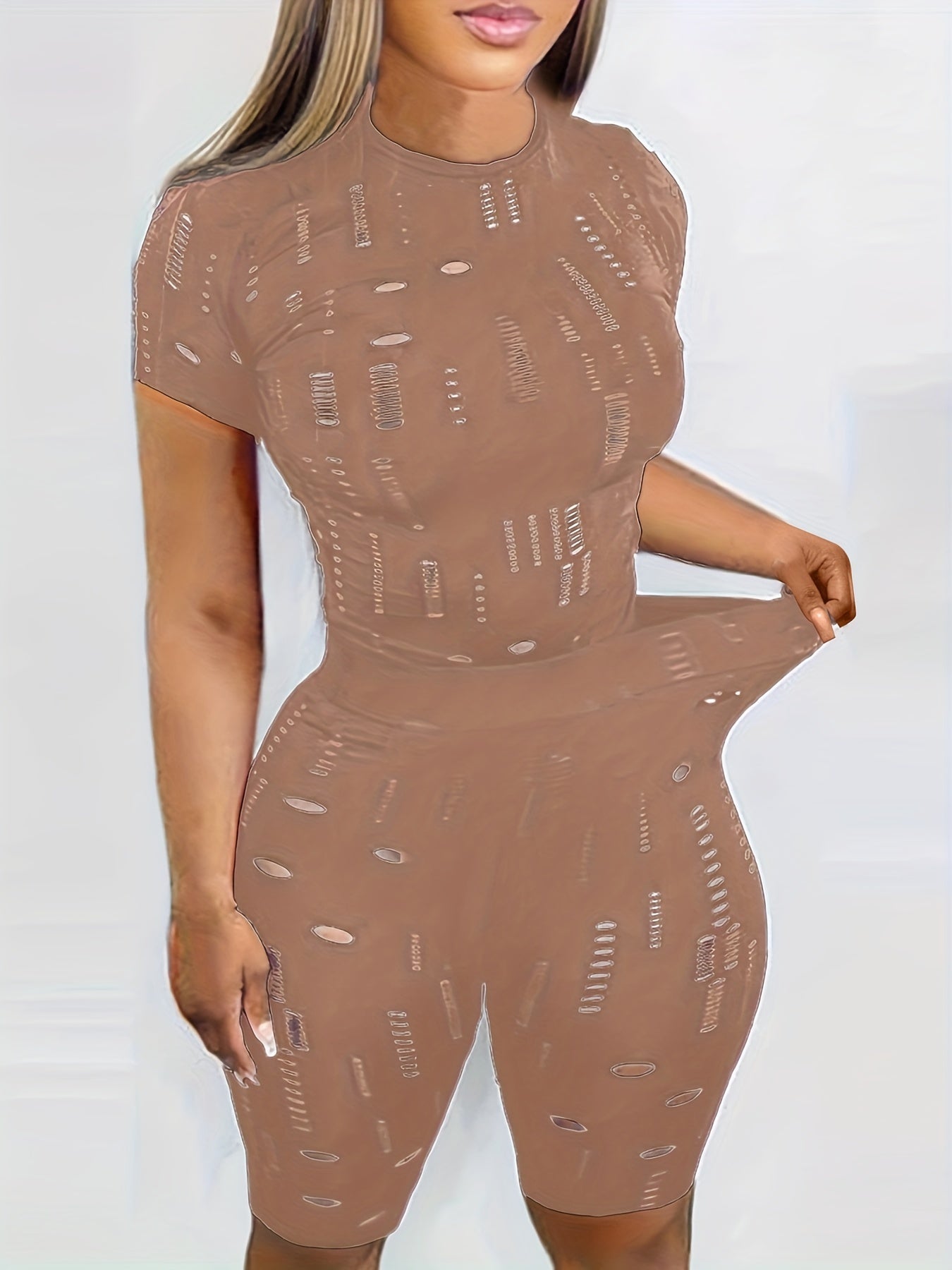 Solid Two piece Set Mock Neck Short Sleeve Tops & Slim Shorts Outfits