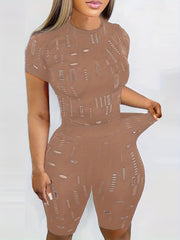 Solid Two piece Set Mock Neck Short Sleeve Tops & Slim Shorts Outfits