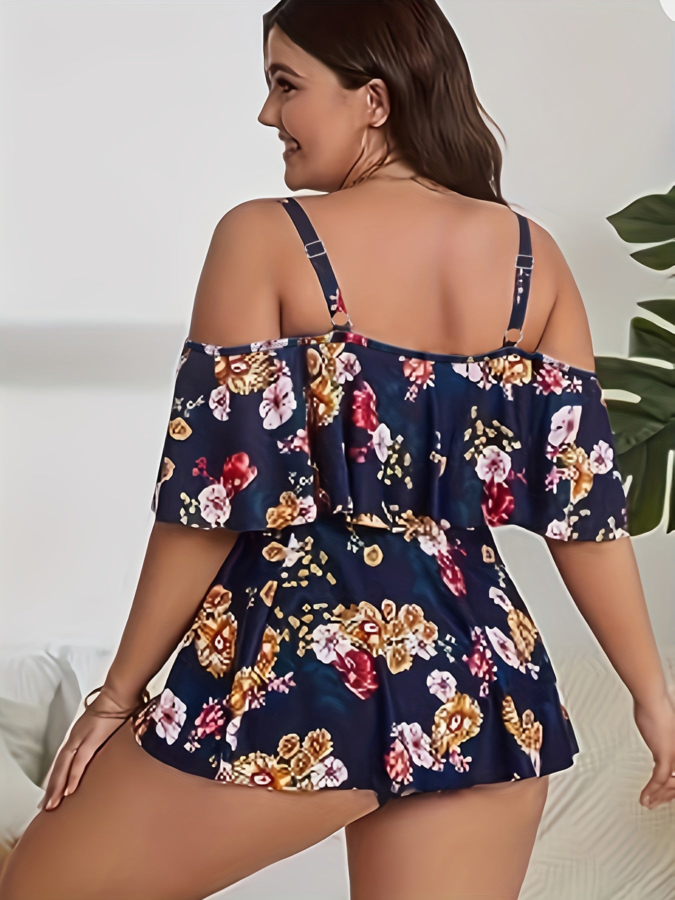 Floral Print Cold Shoulder Tankini Set