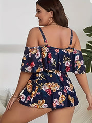 Floral Print Cold Shoulder Tankini Set