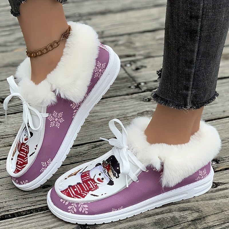 Christmas Snowman Print Plush Lined Thermal Furry Snow Boots