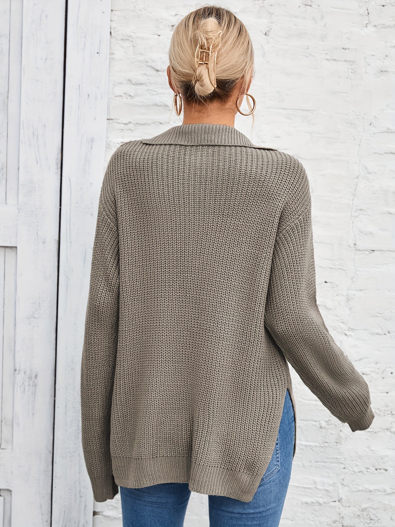 Long Sleeve Half Zip Side Slit Sweater for Winter & Fall