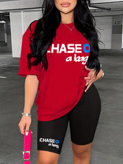 Letter Print Casual Set Crew Neck Tee & Slim Shorts