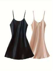 2pcs Solid Satin Slip Lounge Dresses Sleeveless Spaghetti Strap Home Dress