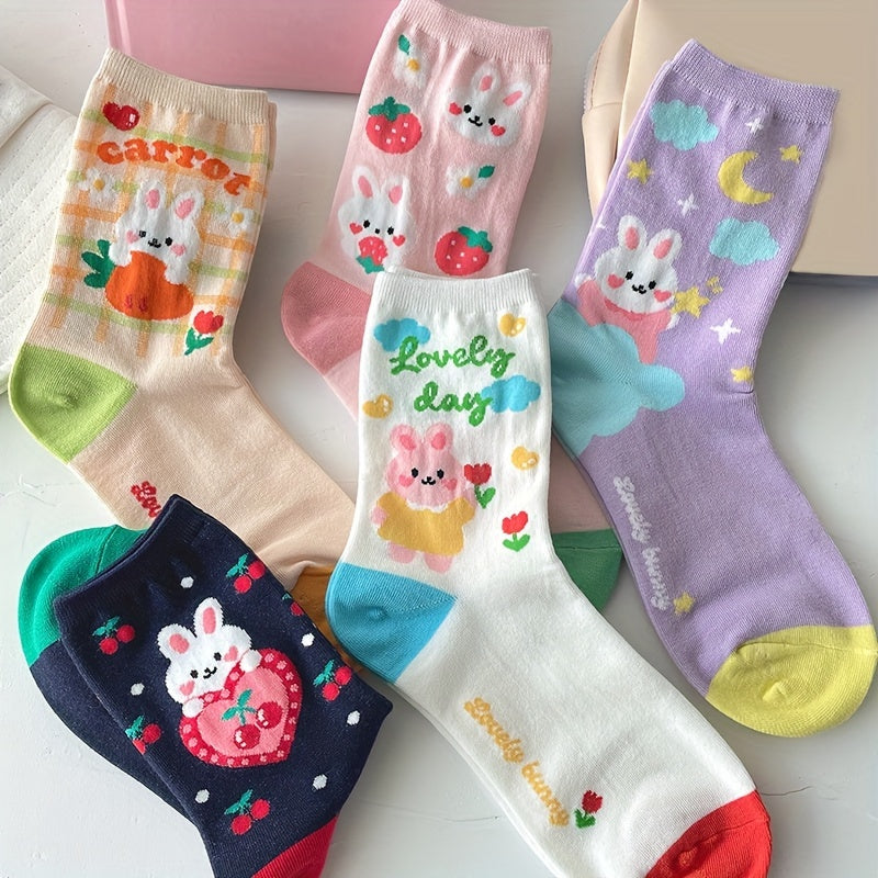 5 Pairs Cartoon Bunny Print Socks Cute & Comfy Women's Mid Tube Stockings