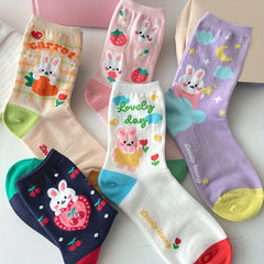 5 Pairs Cartoon Bunny Print Socks Cute & Comfy Women's Mid Tube Stockings