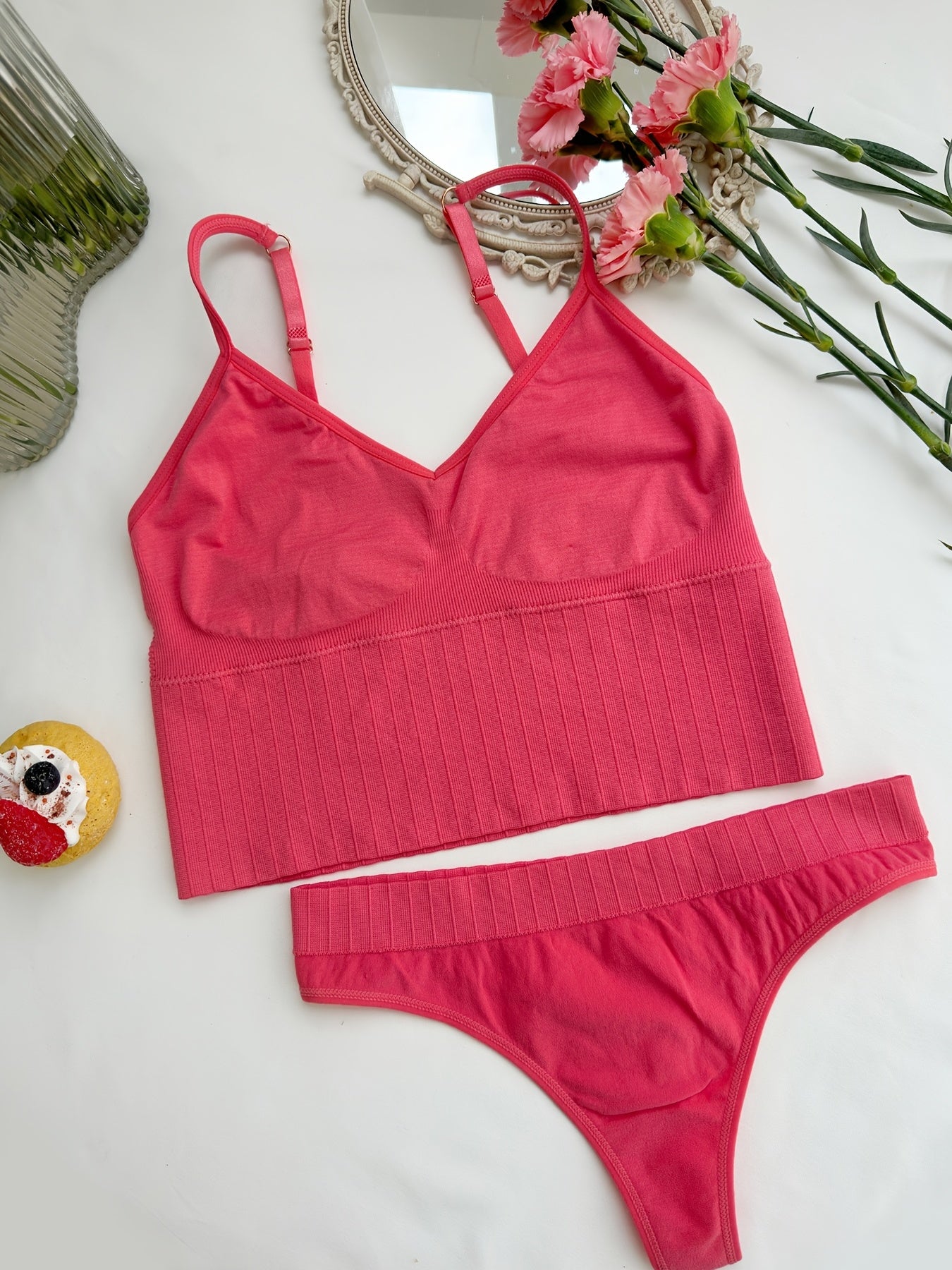Solid Bra & Panties Soft Wireless Bralette & Thong Panties Set