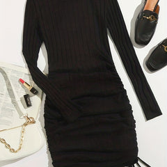 Ribbed Knit Drawstring Ruched Dress Long Sleeve Crew Neck Dress