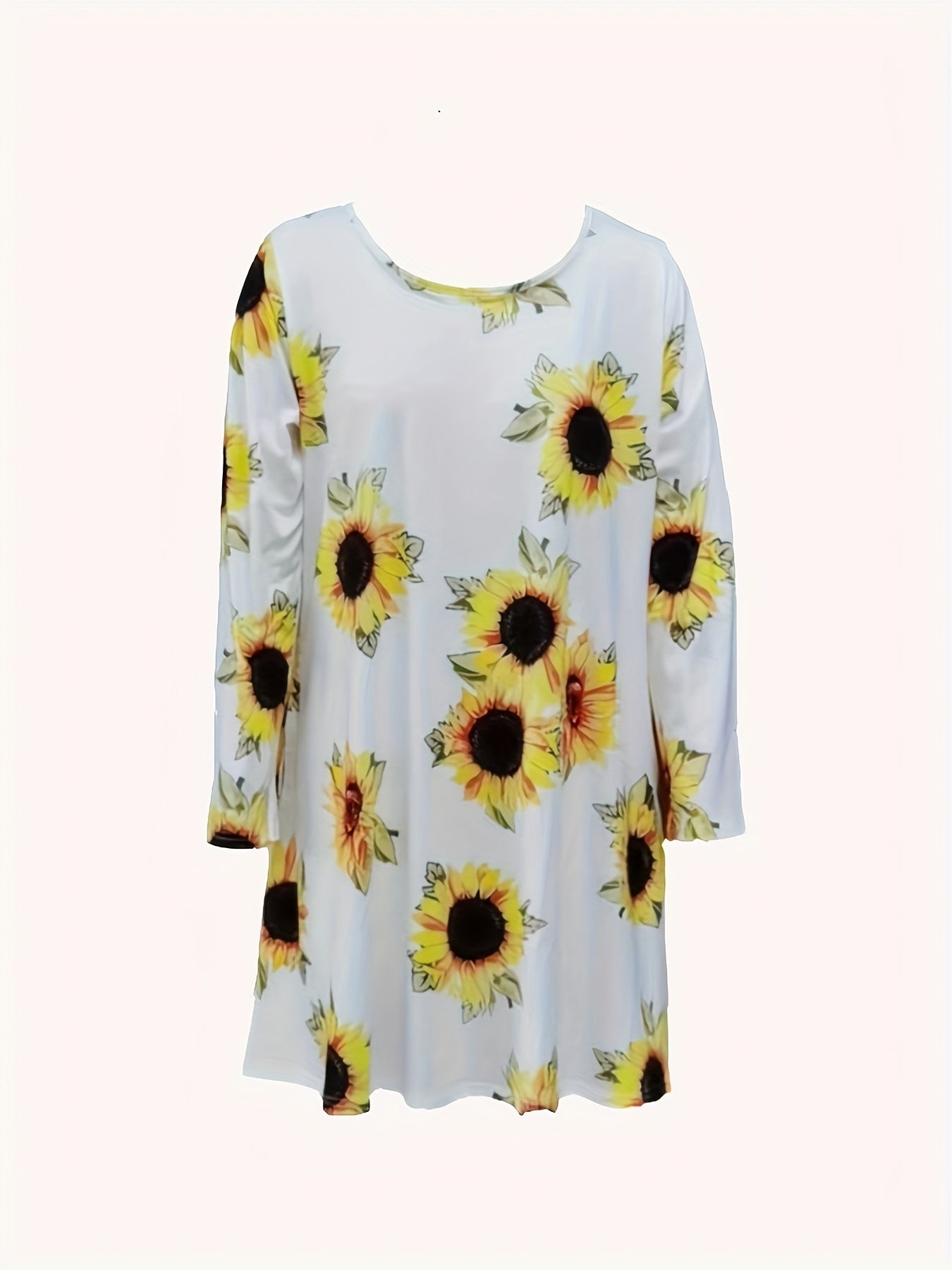 Women's Plus Sunflower Print Long Sleeve Round Neck Loose Fit Dress