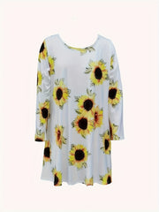 Women's Plus Sunflower Print Long Sleeve Round Neck Loose Fit Dress